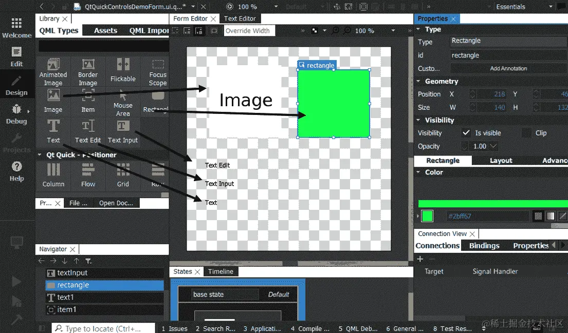 图 4.13 - Qt Quick Designer 显示基本的 QML 类型