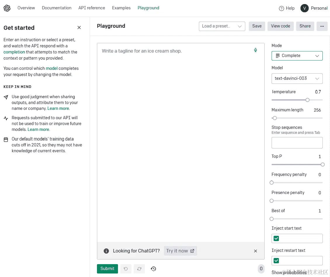 图 2.4 – OpenAI Playground 位于 https://platform.openai.com/playground