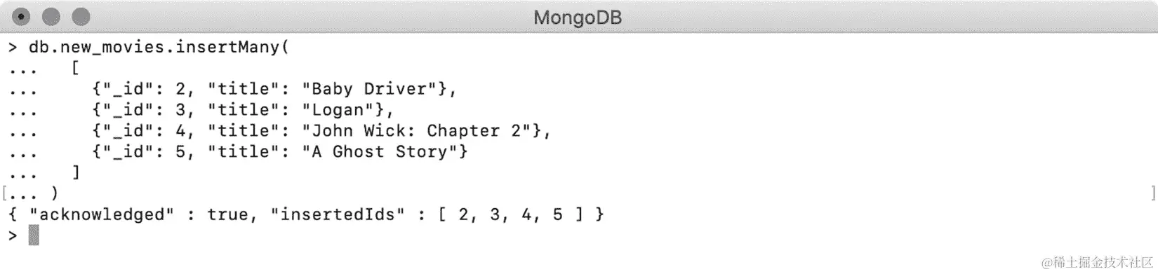 图 5.1：使用 insertMany()传递一个包含四部电影的数组