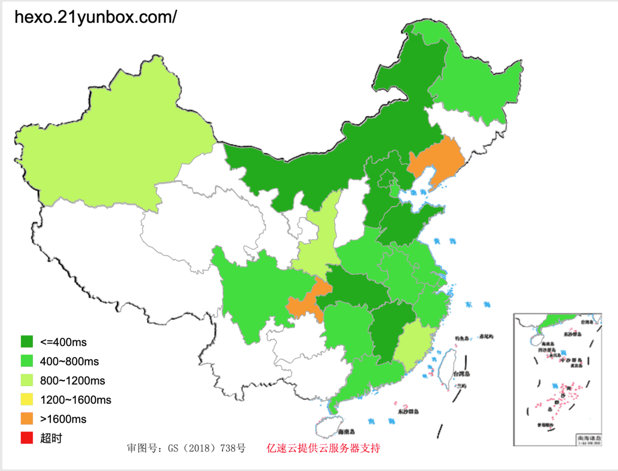 左图: 部署在 Github Pages 的网站测速结果； 右图是提速后的测速结果。颜色代表网站的反馈时间，绿色代表快，越接近红色代表极慢甚至没法访问。