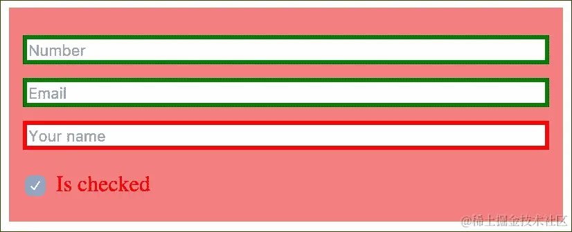 添加输入状态：:focus，:checked，:disabled