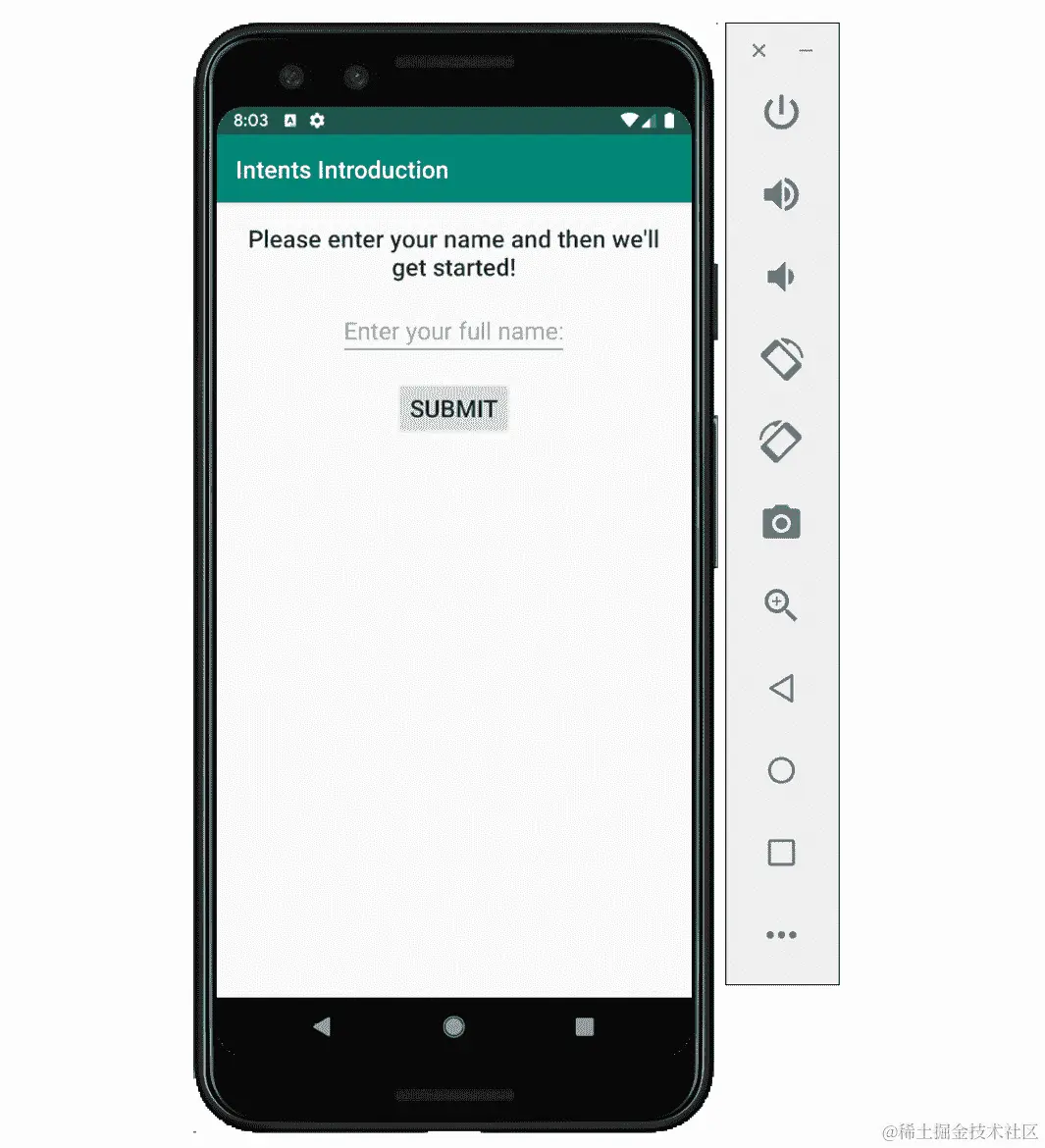 图 2.13：在添加 EditText 全名字段和提交按钮后的应用显示