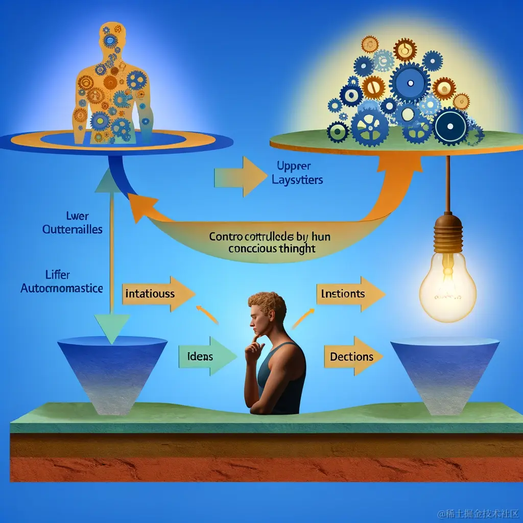 DALL·E 2024-03-11 21.14.05 - Illustrate the concept of the two-layer system in human life activities, showing the upper layer controlled by conscious thought and the lower layer o.webp