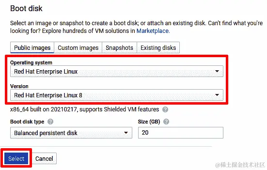 图 2.12 - Google 云中的 RHEL8 - 创建新的 VM 实例，图像选择和磁盘大小