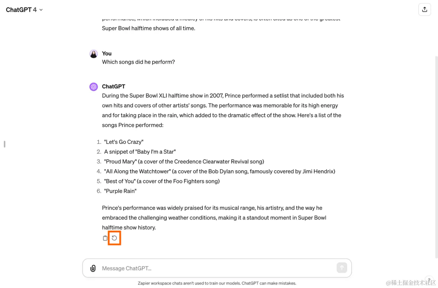 ChatGPT conversation with the regenerate response icon highlighted.