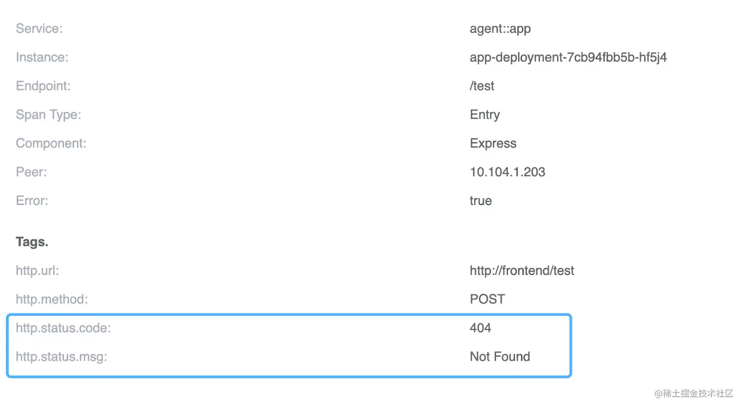图 3：显示 URI 不存在的 http://frontend/test 请求的详细视图。