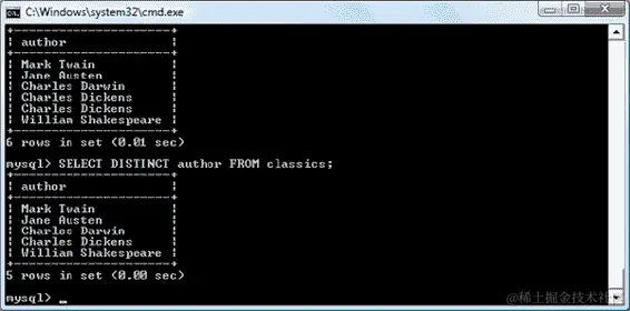 带有和不带有 DISTINCT 的选择数据