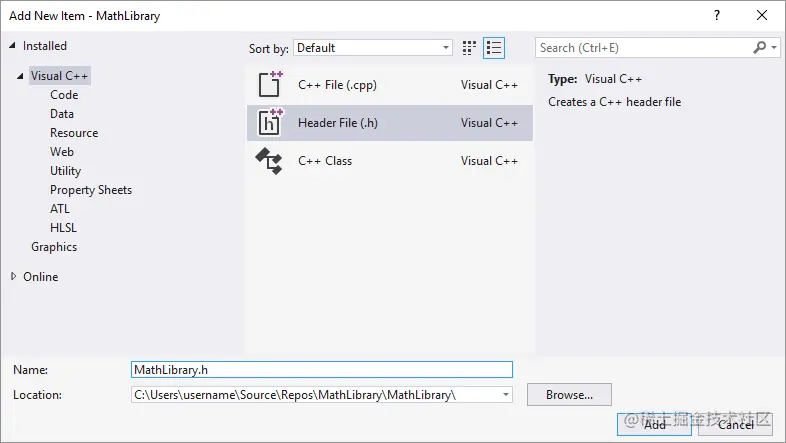 Screenshot of the Add New Item dialog with the C plus plus Header File template selected, and MathLibrary.h entered in the Name textbox.