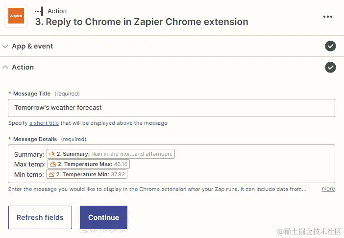 图 10.3 – 设置 Zapier Chrome 扩展回复到 Chrome 操作事件的概述