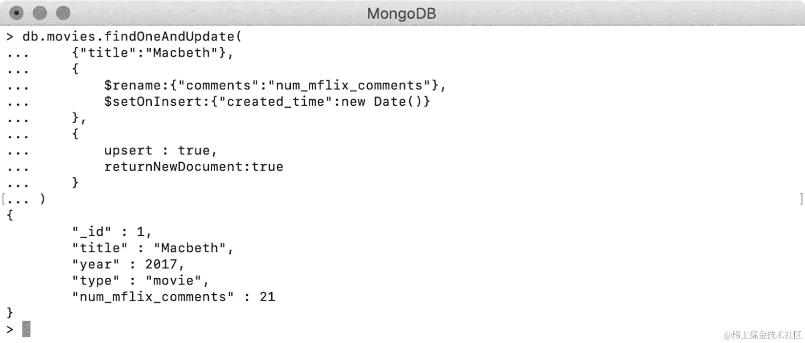 图 5.27：在现有文档上使用$setOnInsert 进行 upsert
