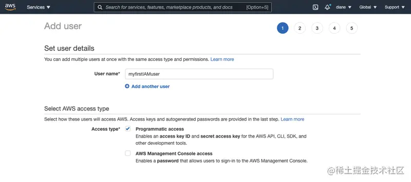 Options to Set user details in the user creation page for IAM users with the user name "myfirstIAMuser"