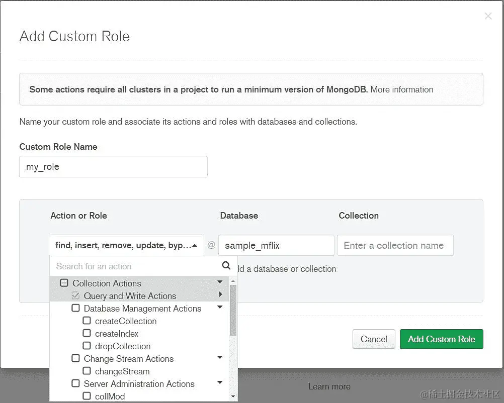 图 3.29：MongoDB 自定义角色
