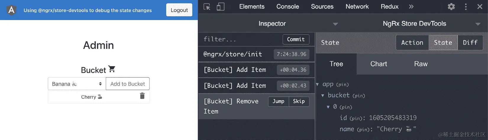 图 6.8 - Redux DevTools 显示桶的当前状态