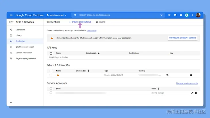 Credentials panel in APIs and Services tab