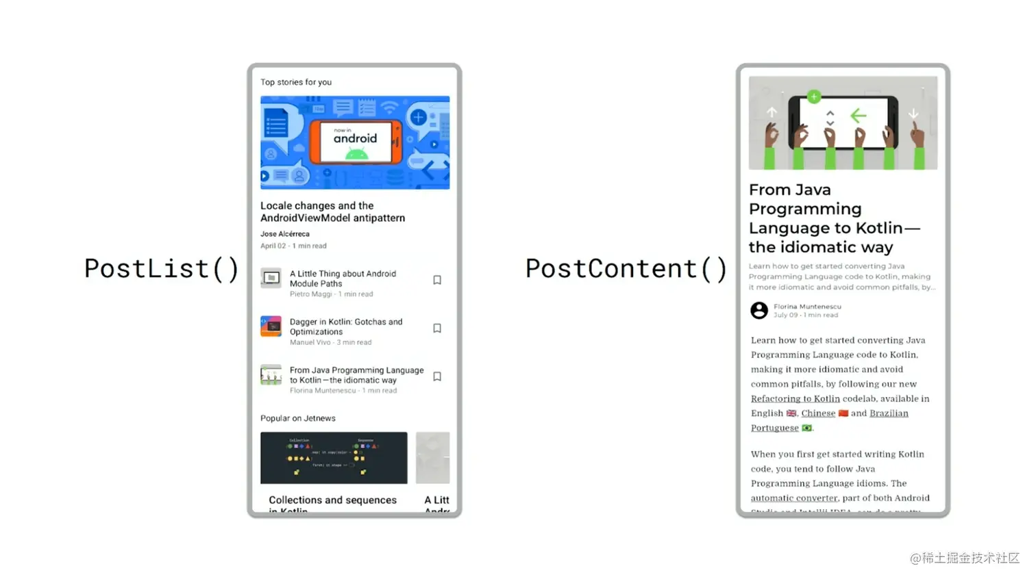 △ 图左: 主界面入口点 HomeFeedScreen 图右: 主界面入口点 ArticleScreen