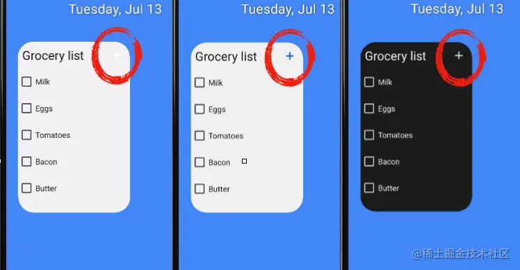 △ 在浅色/深色主题中静态颜色与动态颜色的对比