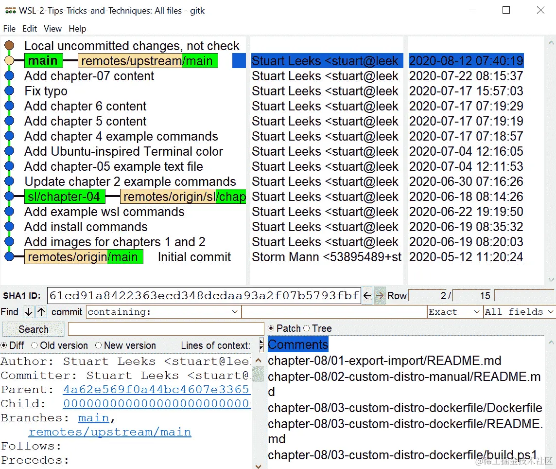 图 9.16 - 显示从 WSL 运行的 gitk.exe 的屏幕截图