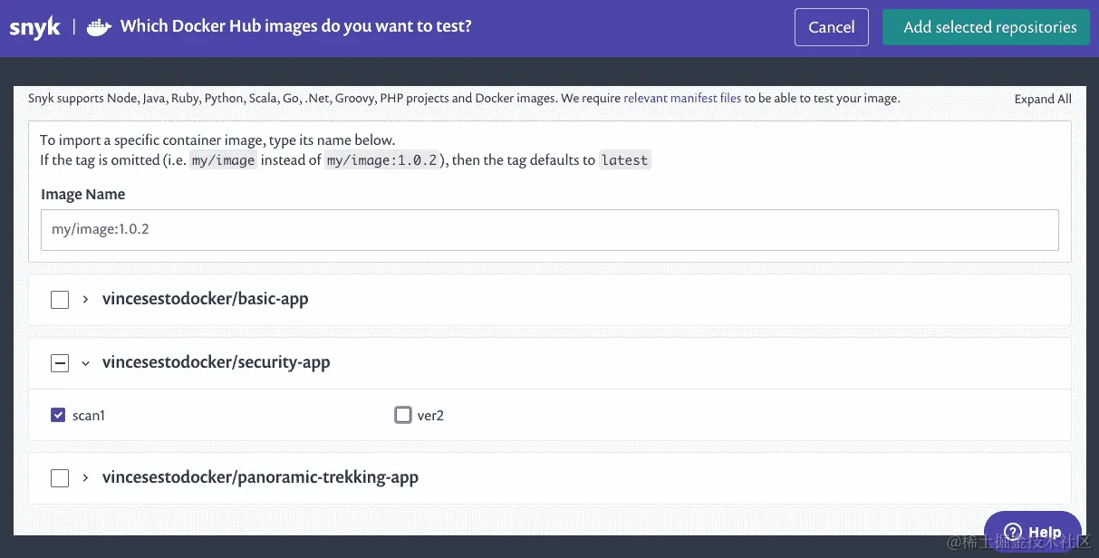 图 11.4：选择要由 Snyk 扫描的 Docker Hub 存储库