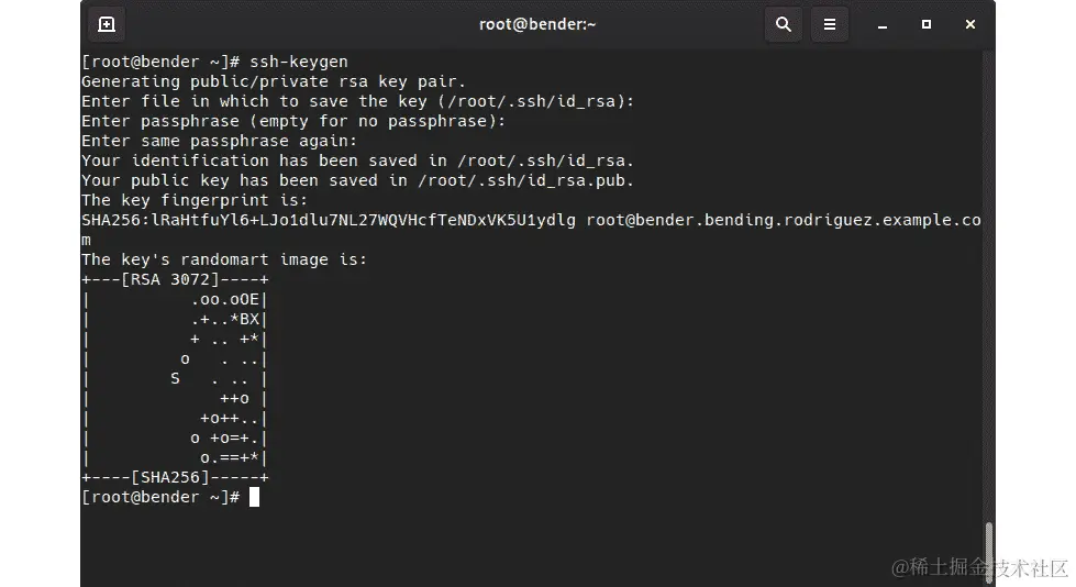 图 8.6 - ssh-keygen 执行在~/.ssh/{id_rsa,id_rsa.pub}下创建 RSA 密钥对